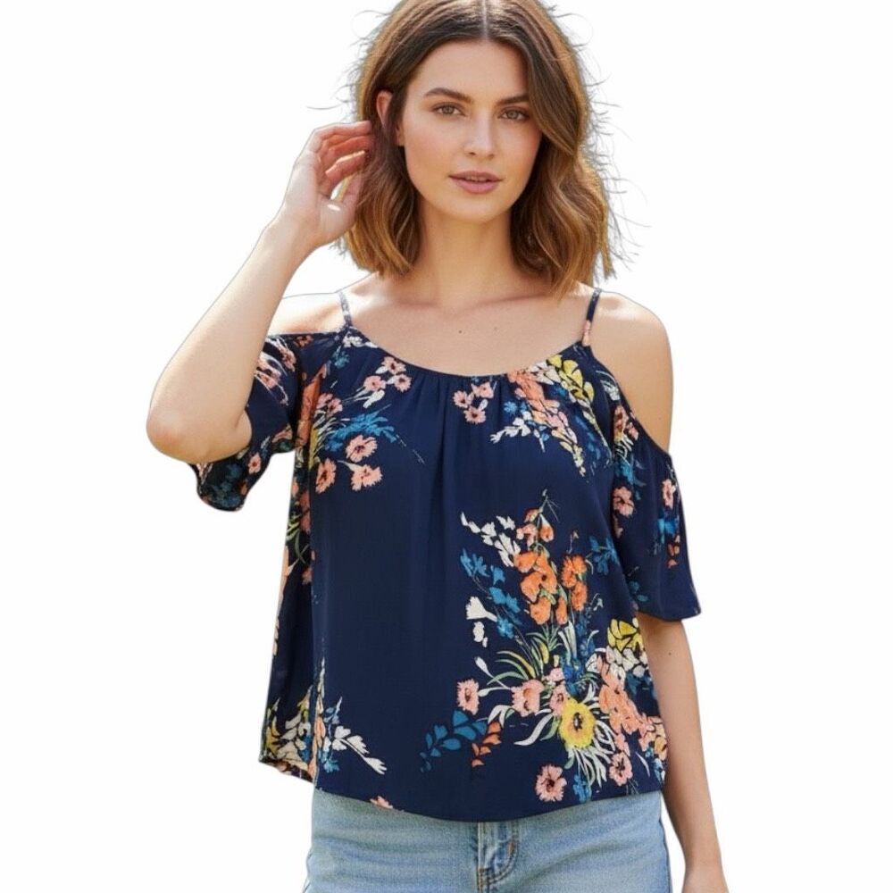 JOIE ANTHROPOLOGIE Women’s Navy Blue Floral Off Shoulder Silk Blouse Small